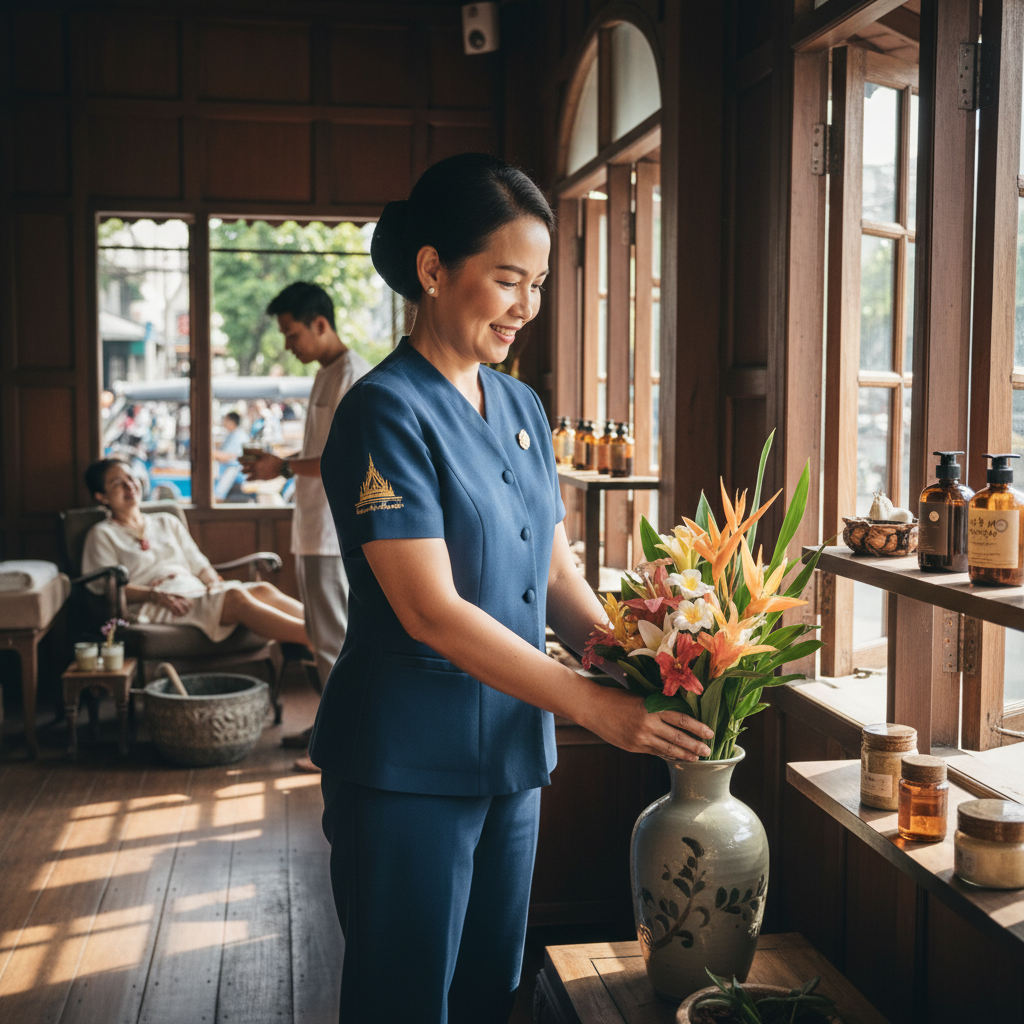 A professional nanny walking hand-in-hand with a happy child in a Chiang Mai park